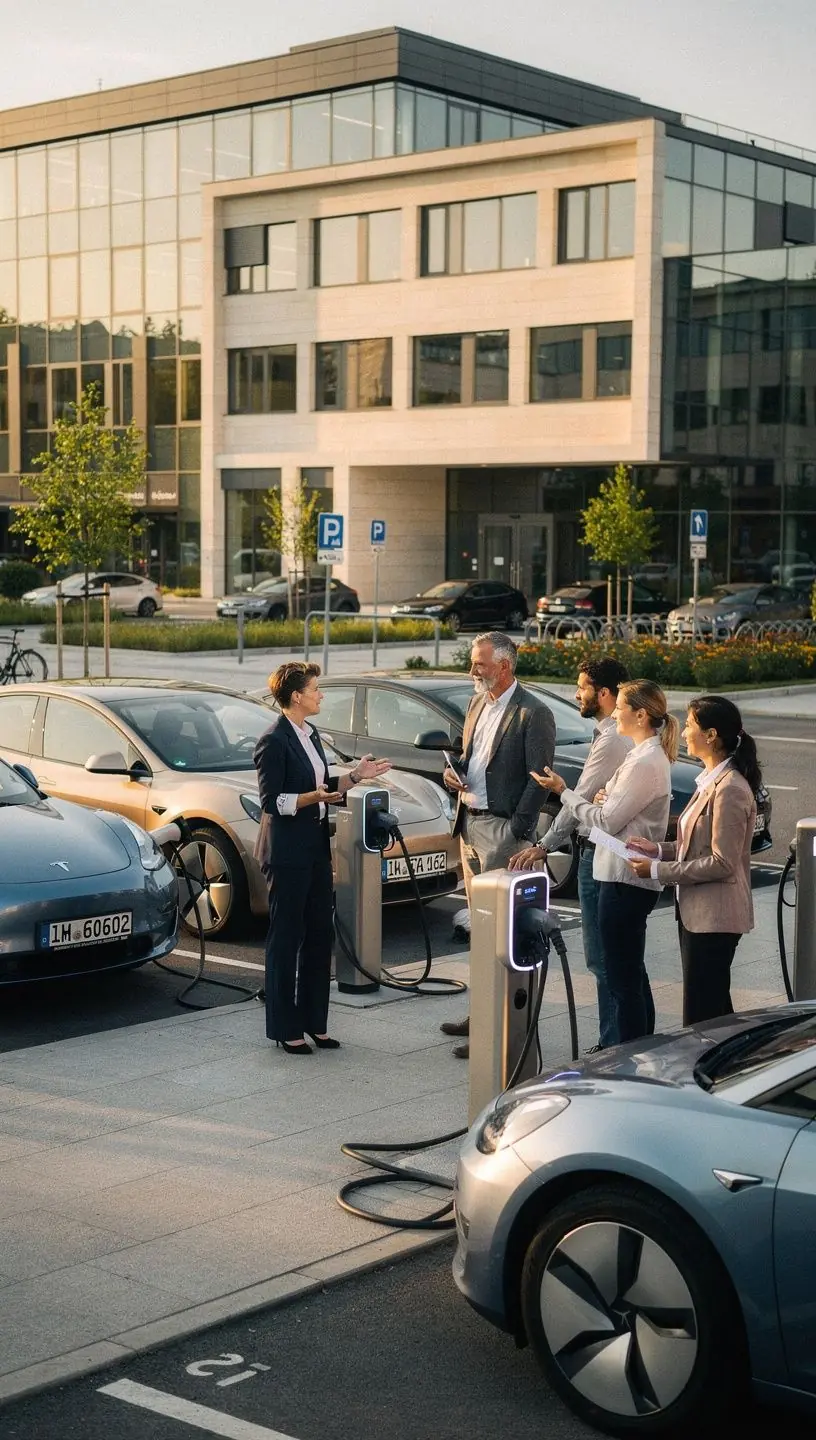 Mitarbeiter nutzen eine Ladestation für Elektroautos während der Arbeitszeit