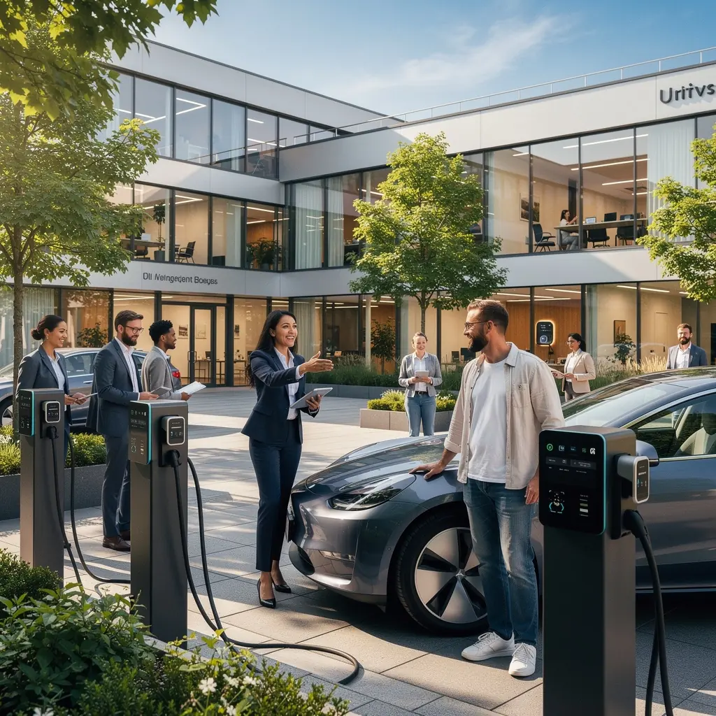 Grafik eines Unternehmensgebäudes mit sichtbaren Ladestationen für E-Fahrzeuge