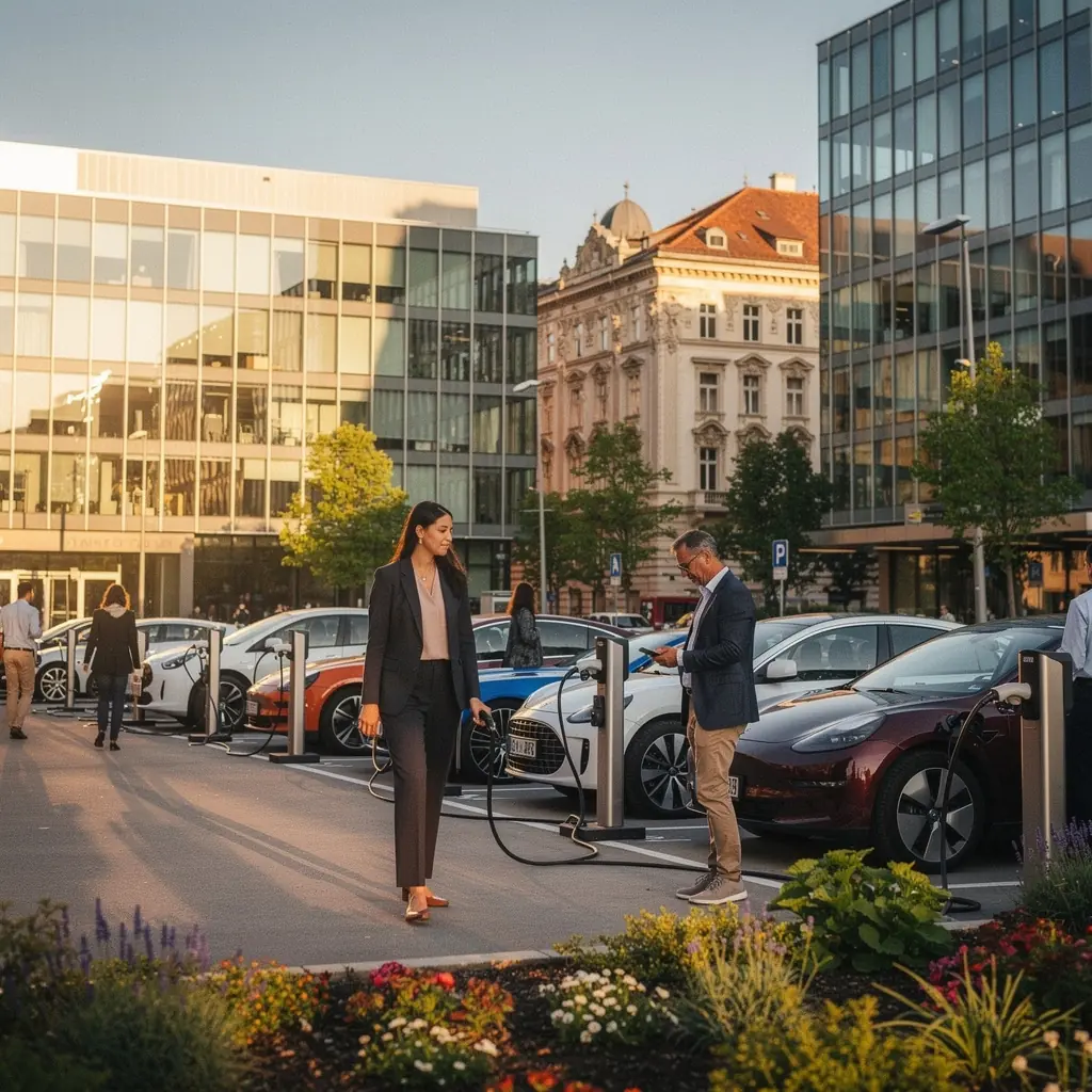 Ladestation für Elektrofahrzeuge auf einem modernen Unternehmensparkplatz