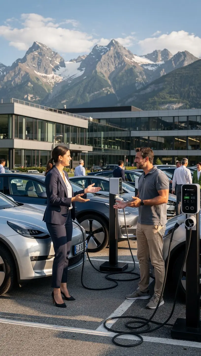 Ladestation für Elektrofahrzeuge auf einem modernen Firmenparkplatz