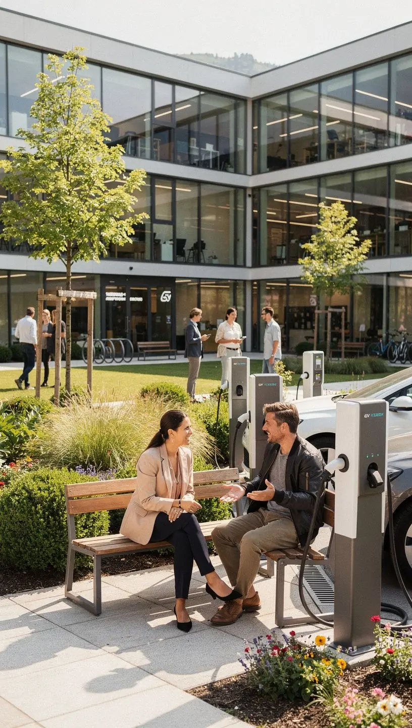 Mitarbeiter nutzen eine E-Ladestation auf dem Parkplatz des Unternehmens.