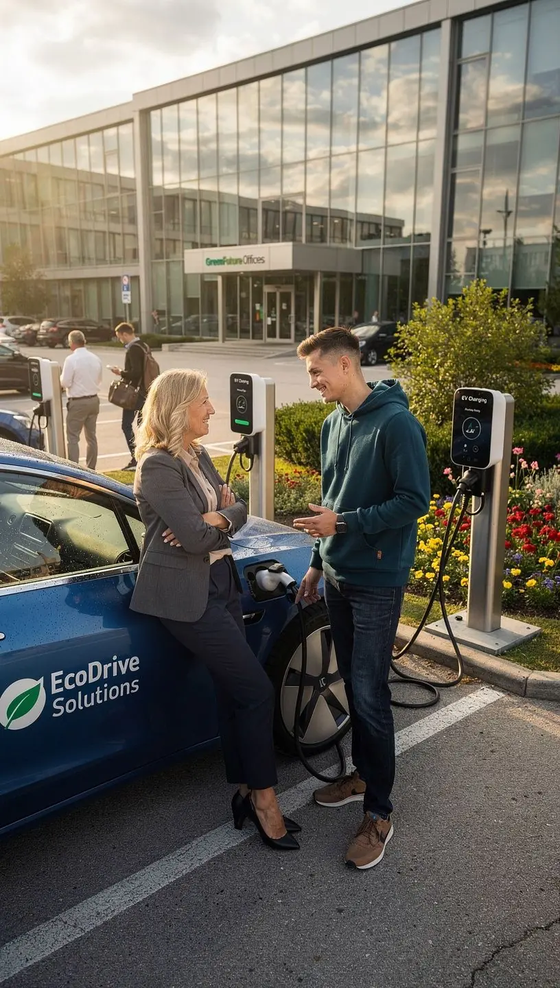 E-Ladestation mit Solarenergieversorgung auf einem Unternehmensparkplatz.