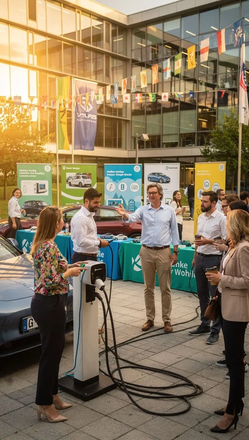Angestellte, die bereit sind, ihre Elektroautos nach der Arbeit von einer Ladestation abzuholen.