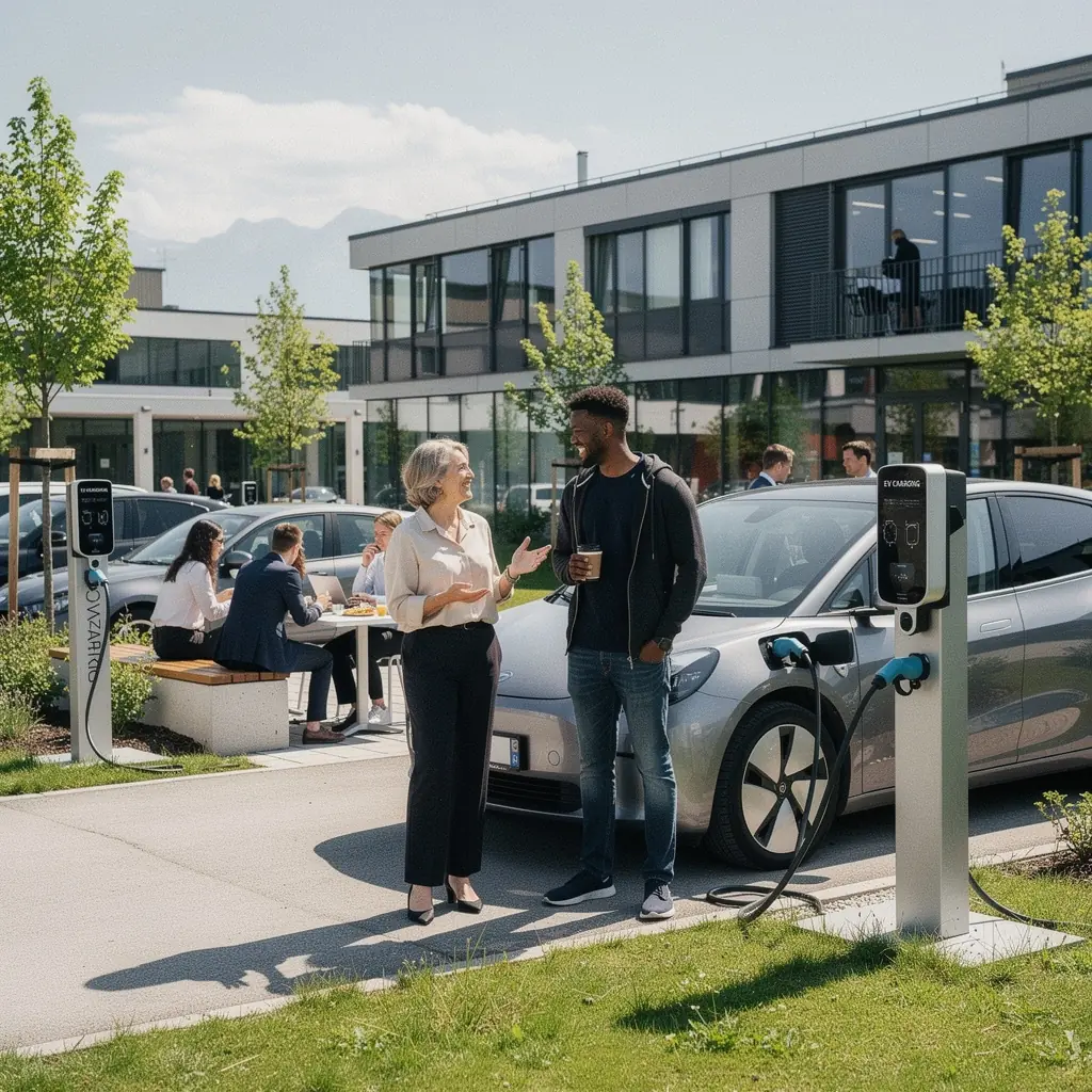 Landschaftsbild eines Unternehmens mit mehreren Elektrofahrzeug-Ladestationen im Hintergrund.