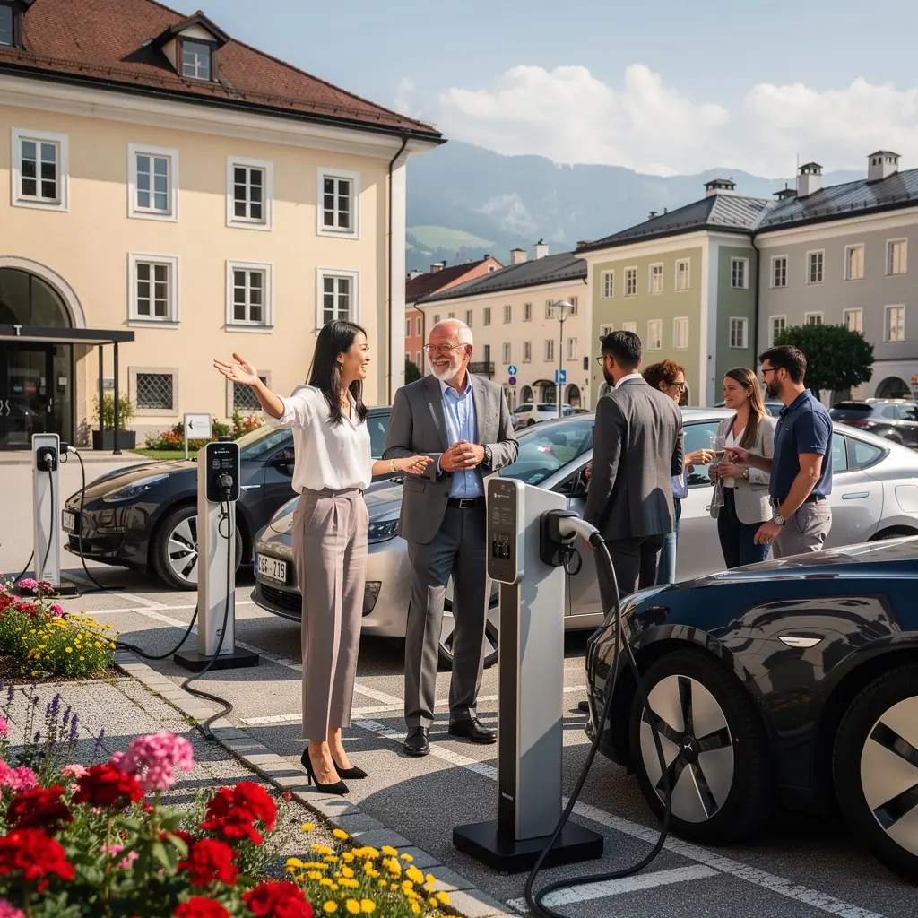 Ladestation fГјr Elektrofahrzeuge auf einem modernen FirmengelГ¤nde.