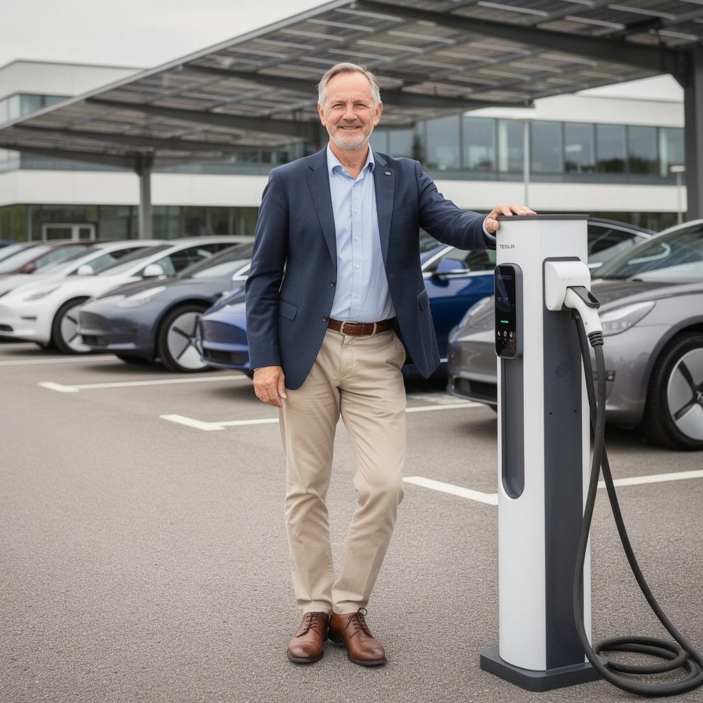 Szenenbild eines Angestellten, der sein Elektroauto an einer Ladeeinrichtung anschließt