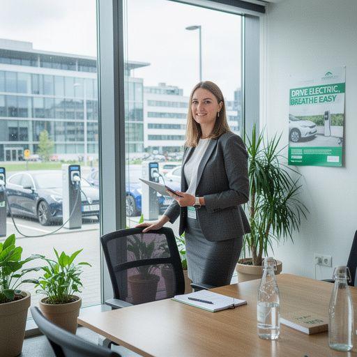 Mitarbeiter, die sich über die Vorteile von Elektrofahrzeugen und Ladestationen informieren